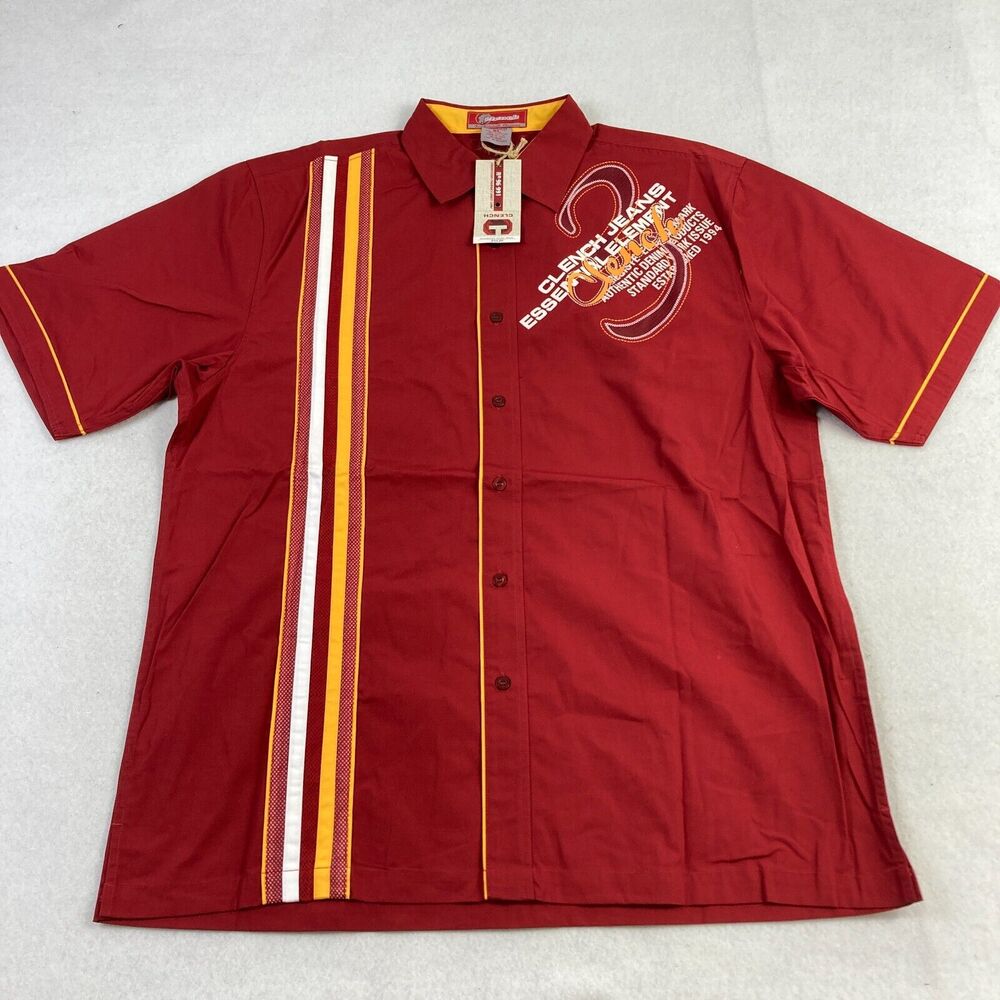 Vintage Clench Jeans Button Up Shirt Mens XL Red Embroidered Y2K Hip Hop Skater‎